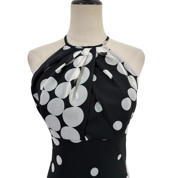 Vtg Y2K Black White Polka Dot Halter Midi Dress Chiffon Preppy Cocktail Sz M - Picture 2 of 6